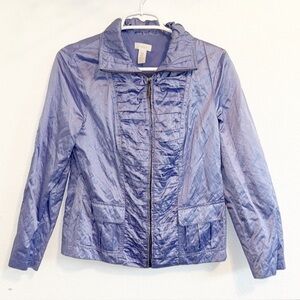 CHICO'S WOMENS JACKET PURPLE LIGHTWEIGHT PLEATS RUCHED ZIP UP POCKETS